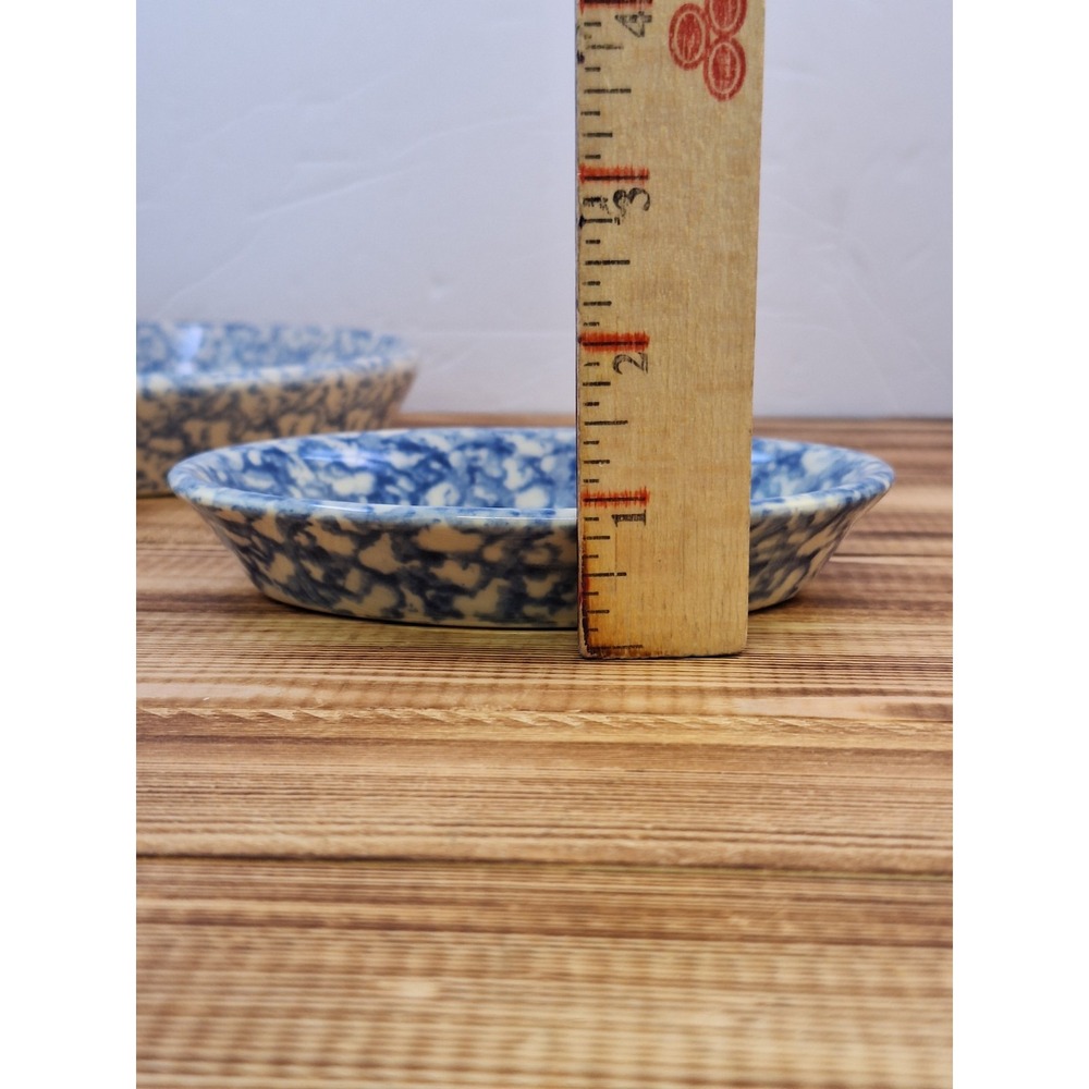 x2 Bel-Terr China BTC USA Blue Spongeware Pottery Circle 92187 Oval 9700 Lot Set - Picture 9 of 10